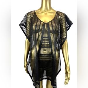 Max Studio Lightweight Mid Length Netting Poncho Beach Cover Up, O/S Black New
